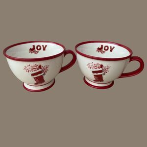 Starbucks Holiday 2007 “JOY” Mug Set of 2 Red Rim 10 oz Santa Stocking Cups